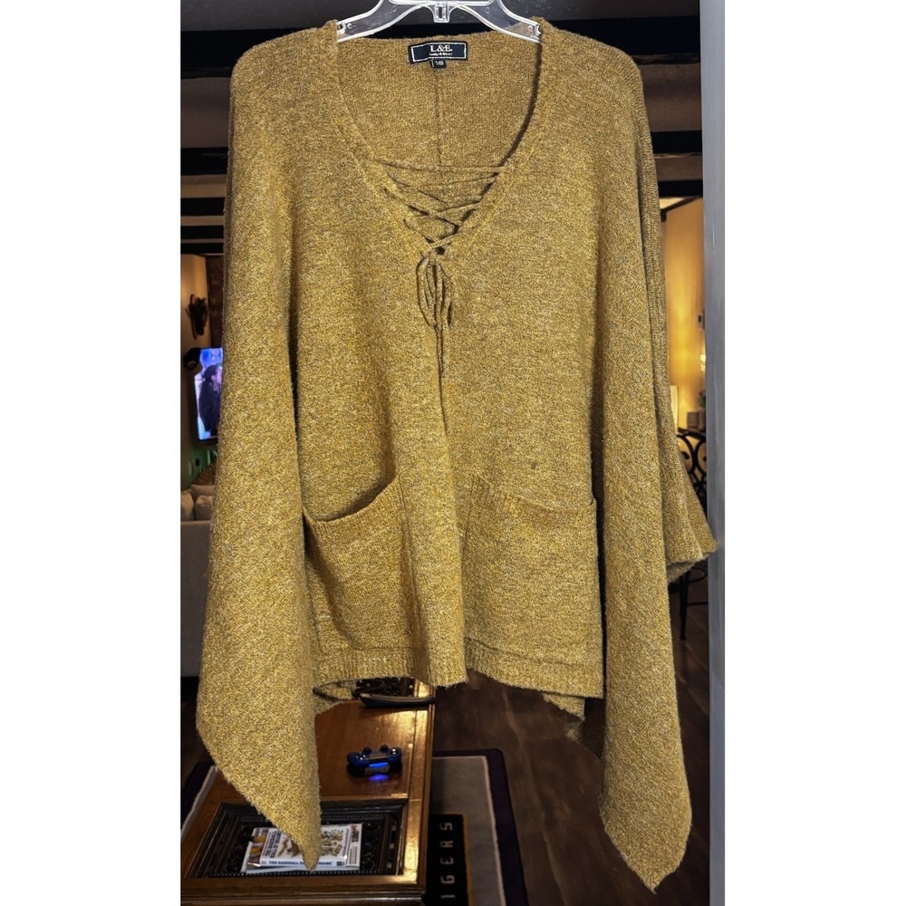 L&B Lucky & Blessed Lace Up Poncho Sweater S/M Mustard Boho Knit Top Overthrow